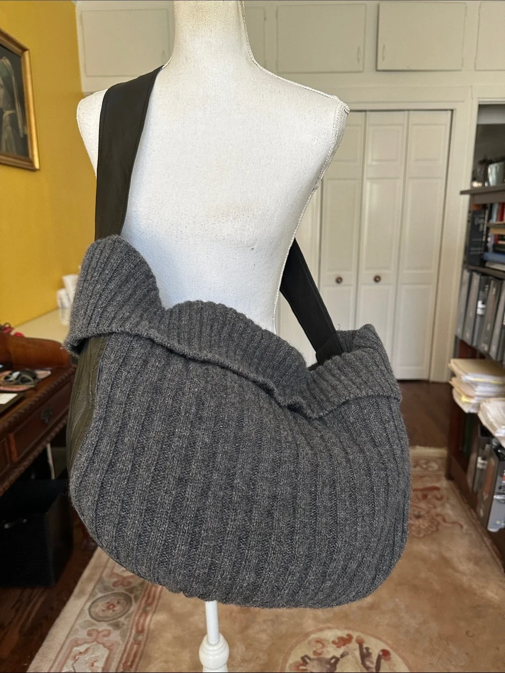 Darzzi Leather and Gray Lambswool Ribbed Knit Hobo Bag Slouchy Oversized Sling
